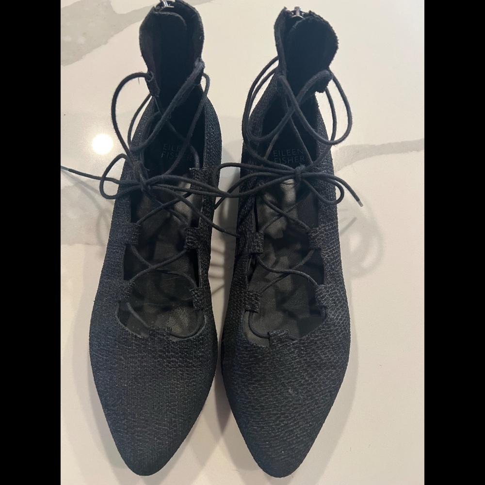 Eileen Fisher Black Vero Cuoio Loop Lace Up Ballet Flat Shoes Size 8